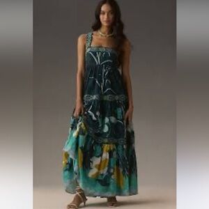 Anthropologie Square Neck Embellished Maxi Dress